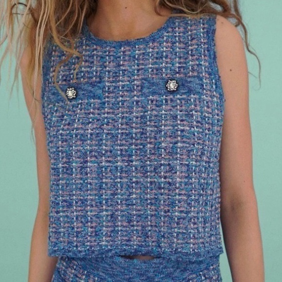 Zara Blue & Pink Sleeveless Embellished Tweed Top - Picture 2 of 10